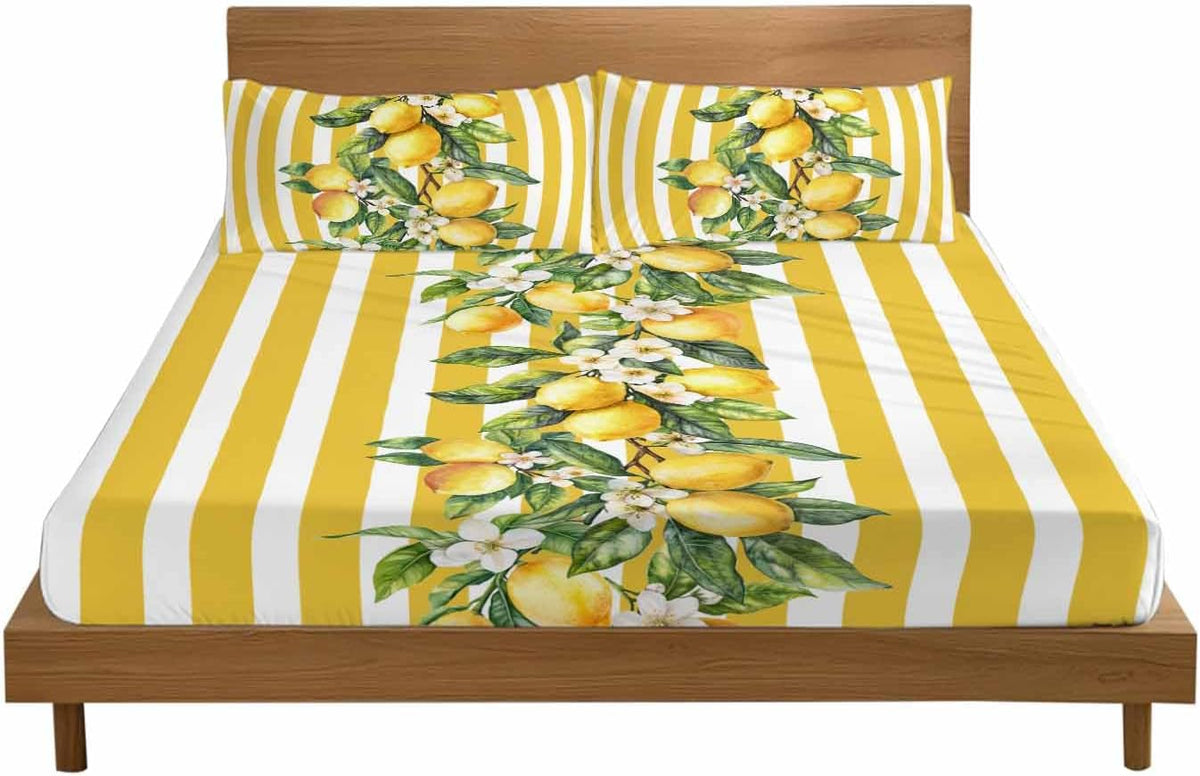3 Pieces Twin Fitted Sheet Set, Watercolor Summer Farm Lemon Leaves Deep Pocket Up to 16", Yellow Stripe Soft Elastic Bed Sheets and Pillow Cases Secure Fit