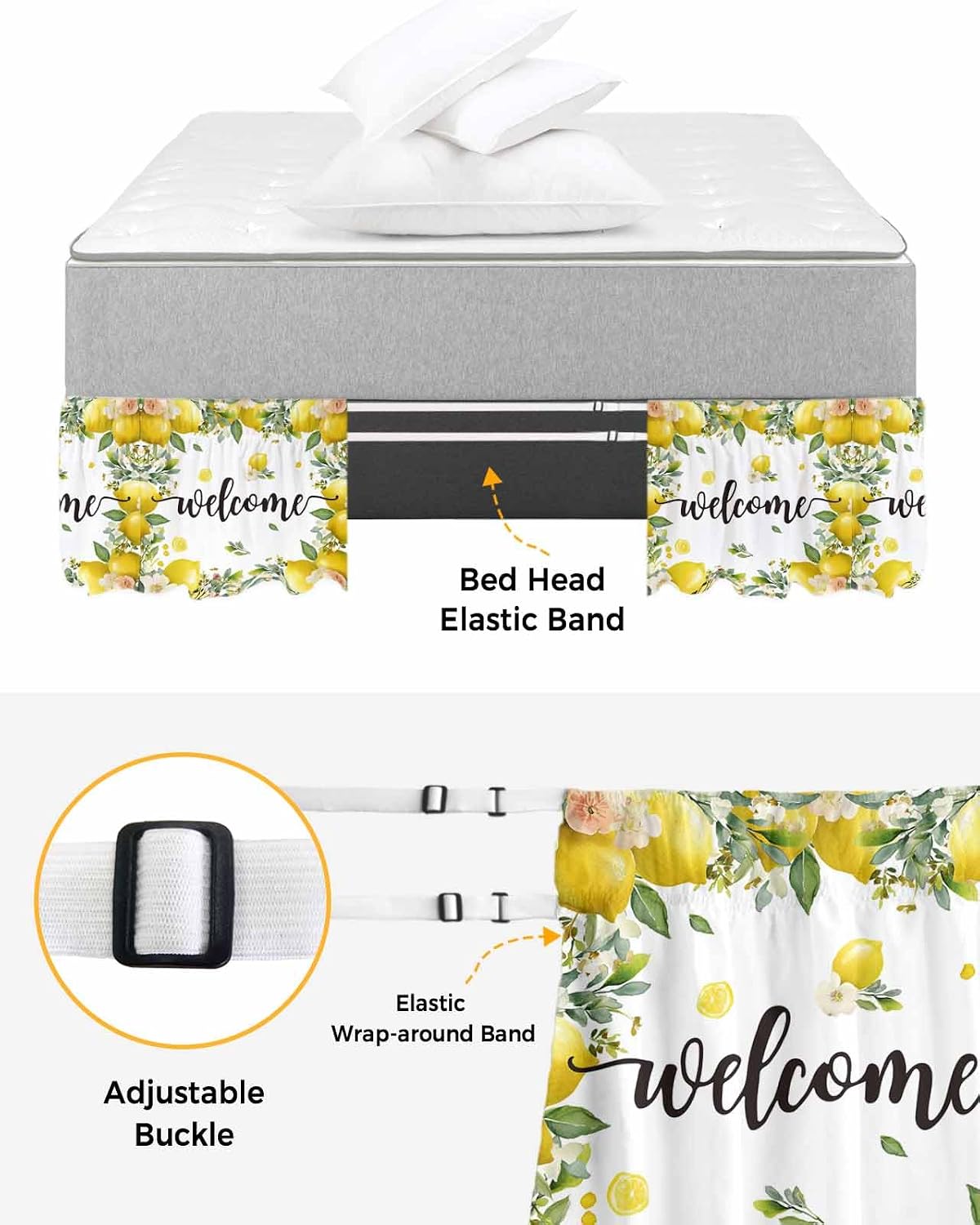 Summer Lemon Bed Skirt Queen Size 16 Inch Drop, Adjustable Elastic Wrap Around Bed Skirts Easy Fitting Dust Ruffle Bedskirt Bed Frame Cover Spring Yellow Fruits Green Leaf Plant