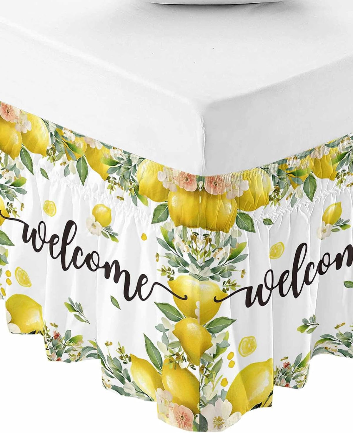 Summer Lemon Bed Skirt Queen Size 16 Inch Drop, Adjustable Elastic Wrap Around Bed Skirts Easy Fitting Dust Ruffle Bedskirt Bed Frame Cover Spring Yellow Fruits Green Leaf Plant