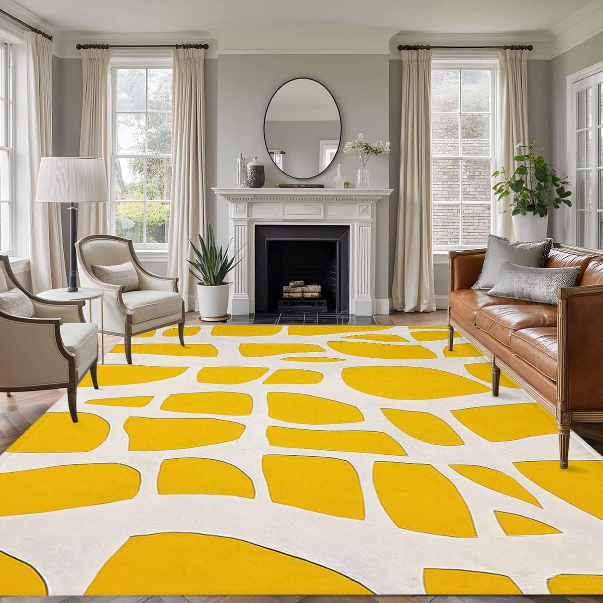 Abstract 5'x7' Area Rugs, Modernism Yellow Color Block Line Pattern Washable Area Rugs Non-Slip Indoor Floor Mats Carpet for Living Room Bedroom Dining Room