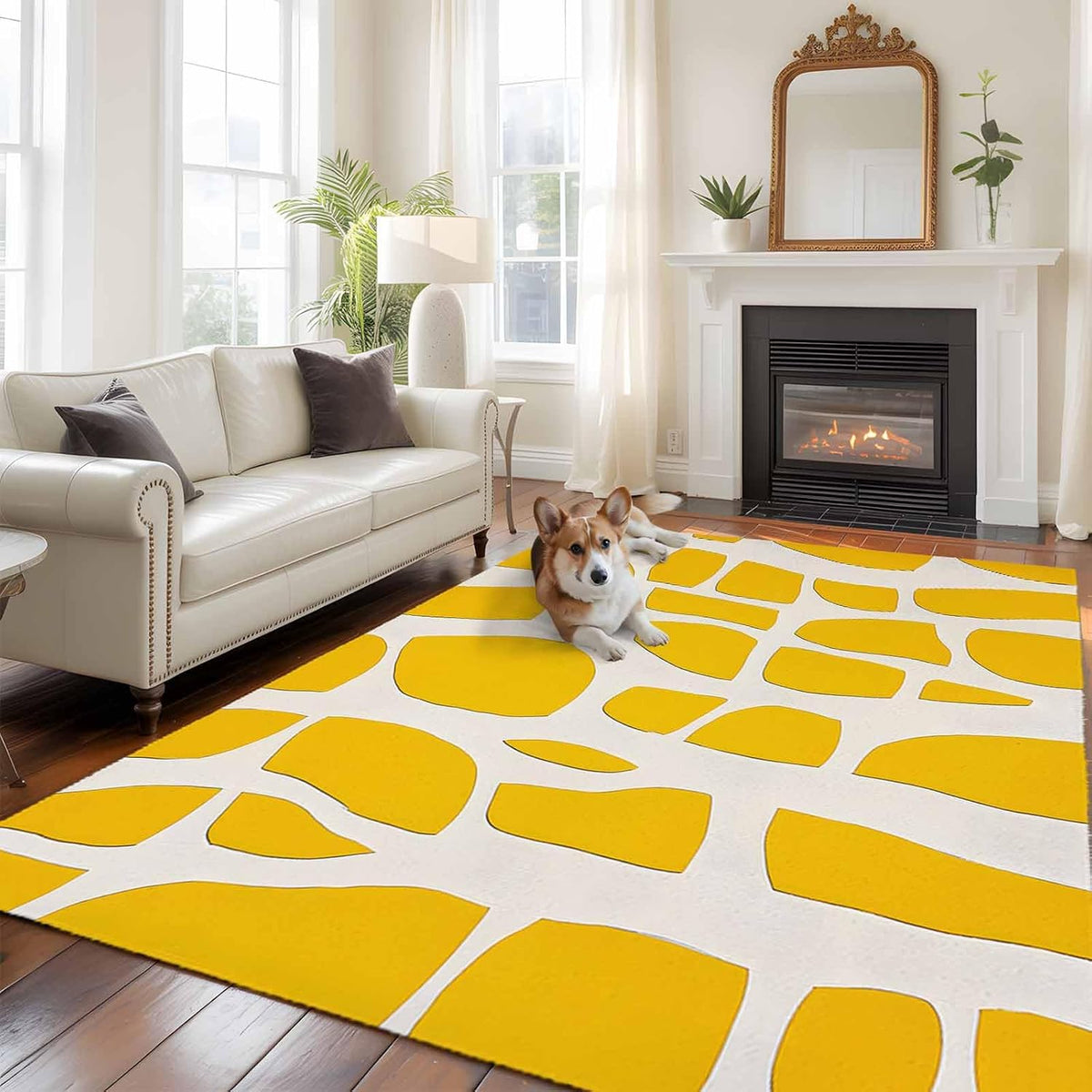 Abstract 5'x7' Area Rugs, Modernism Yellow Color Block Line Pattern Washable Area Rugs Non-Slip Indoor Floor Mats Carpet for Living Room Bedroom Dining Room