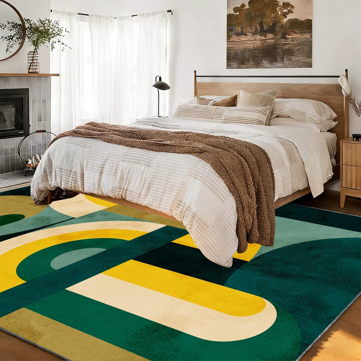 Modern Area Rug, 4x6ft Contemporary Carpet, Teal Green Yellow Beige Rug, Mid-Century Style Carpets, Retro Curved Arch Pattern, Non-Slip Washable Carpet for Living Room Bedroom Vintage Home Decor