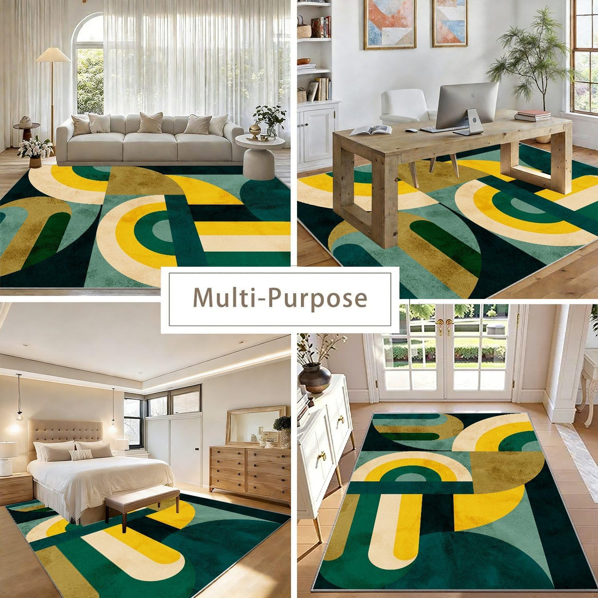 Modern Area Rug, 4x6ft Contemporary Carpet, Teal Green Yellow Beige Rug, Mid-Century Style Carpets, Retro Curved Arch Pattern, Non-Slip Washable Carpet for Living Room Bedroom Vintage Home Decor