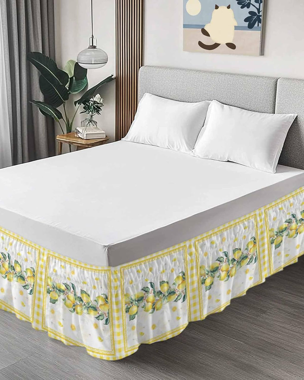 Yellow Lemon Wrap Around Bed Skirt Queen Size, Dust Ruffled 16 Inch Tailored Drop with Adjustable Elastic Belt Pleated, Summer Botanical Plaid Elegant Pastoral Luxury Bedding Skirts for Bedroom