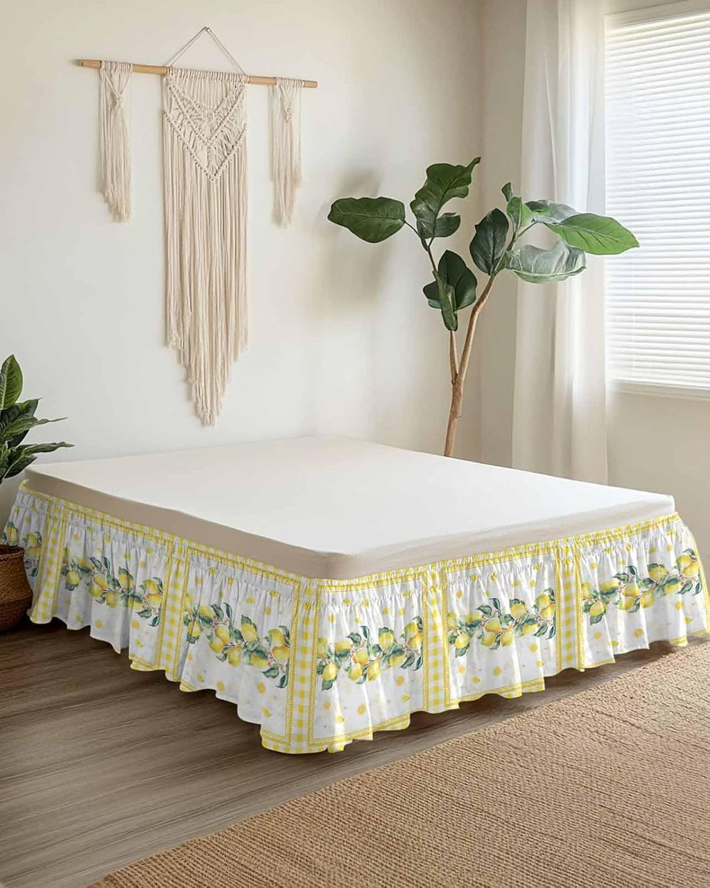 Yellow Lemon Wrap Around Bed Skirt Queen Size, Dust Ruffled 16 Inch Tailored Drop with Adjustable Elastic Belt Pleated, Summer Botanical Plaid Elegant Pastoral Luxury Bedding Skirts for Bedroom