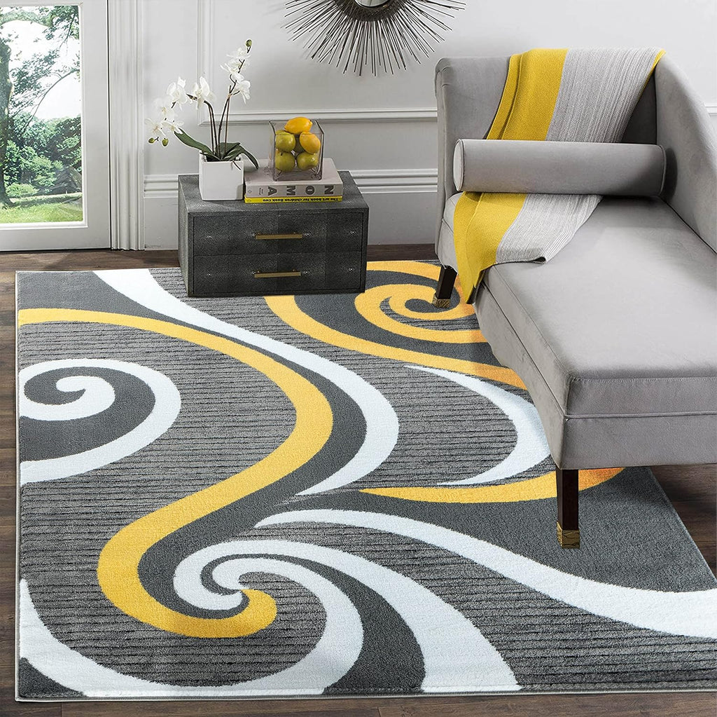 Modern Area Rug Swirls Carpet Bedroom Living Room Contemporary Dining Accent Sevilla Collection 4817A (Yellow, 8x10)