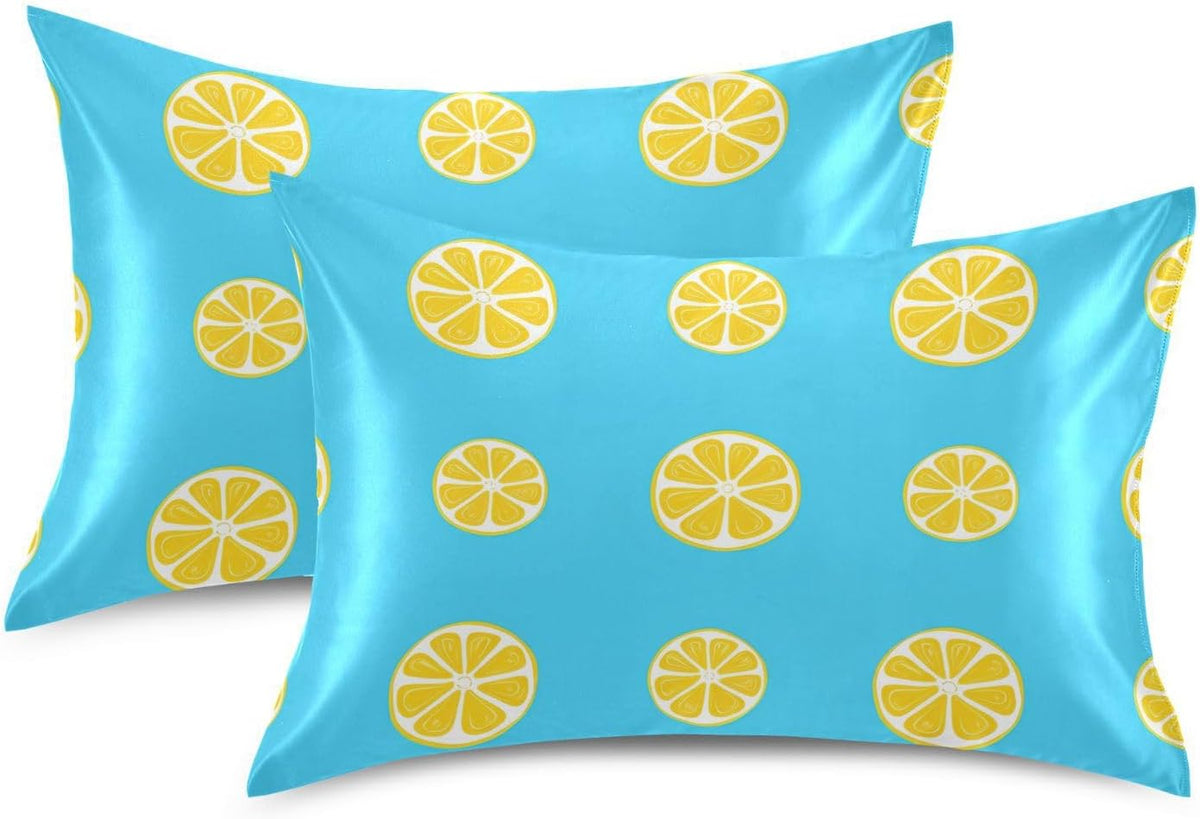 Yellow Lemon Slices Satin Pillowcase for Hair and Skin, Soft Breathable Pillow Case Anti-Wrinkle Cooling Silk Pillow Cover with Envelope Closure for Bedroom, Standard 20 x 26 Inches