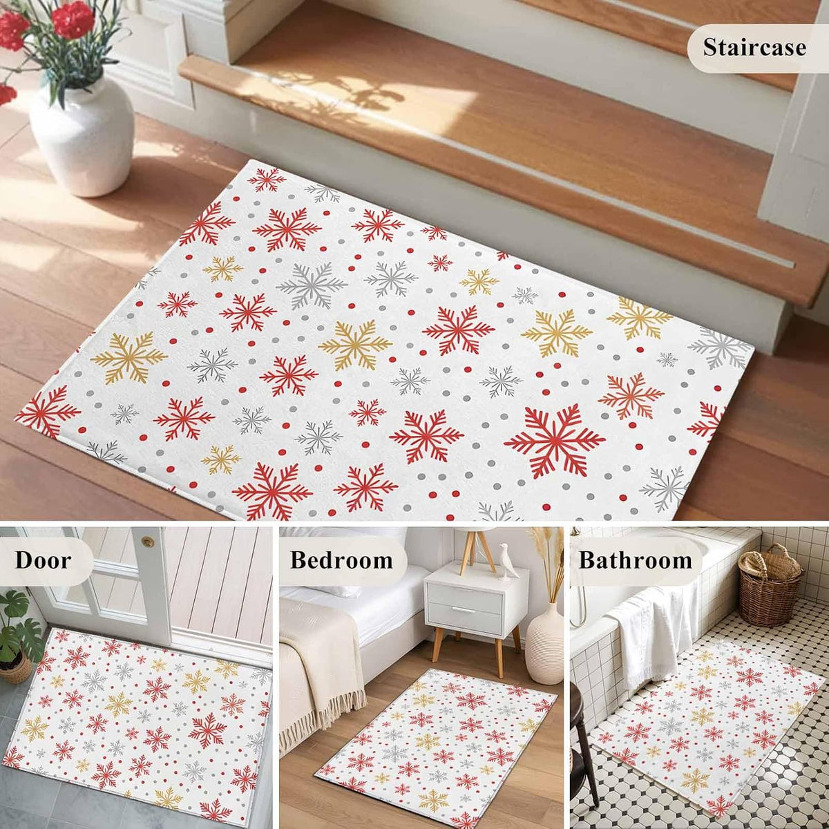 Merry Christmas 2x3 Area Rugs for Living Room, Vintage Watercolors Winter Red Yellow Orange White Snowflakes Non Slip Floor Mat Washable Low-Profile Indoor Carpet for Bedroom, Dining Room, Bathroom