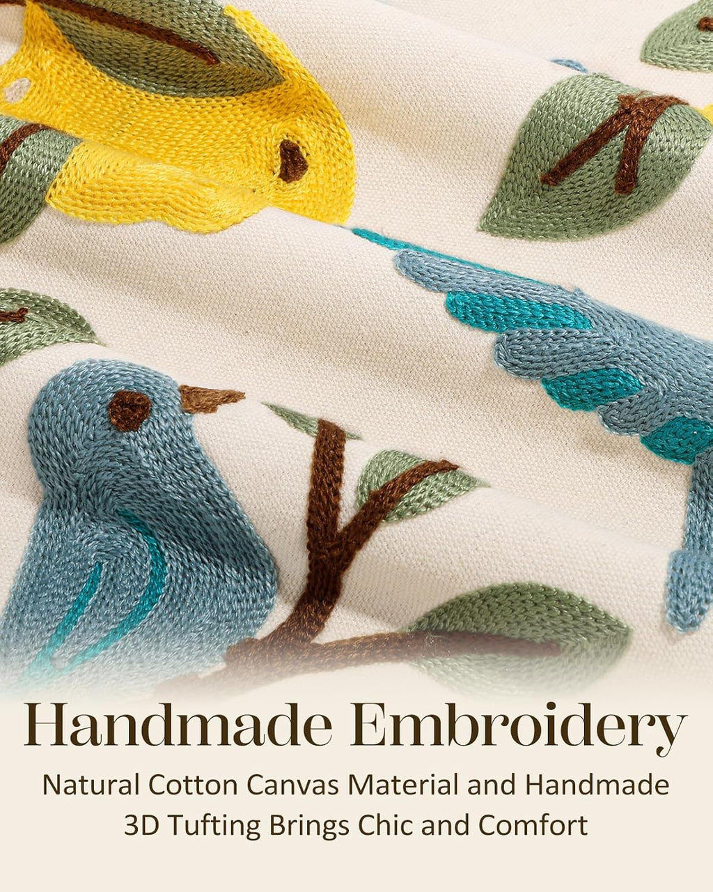 Embroidered Lumbar Pillow Cover 20x12 Inch, Bird Lemon