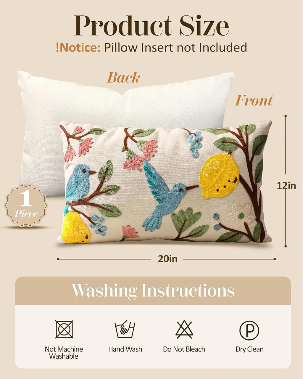 Embroidered Lumbar Pillow Cover 20x12 Inch, Bird Lemon