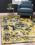 Sofia Collection Area Rug - Salle Garnier (5' 3" x 8' Rectangle, Navy Blue/ Yellow)