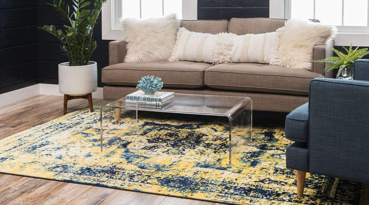 Sofia Collection Area Rug - Salle Garnier (5' 3" x 8' Rectangle, Navy Blue/ Yellow)