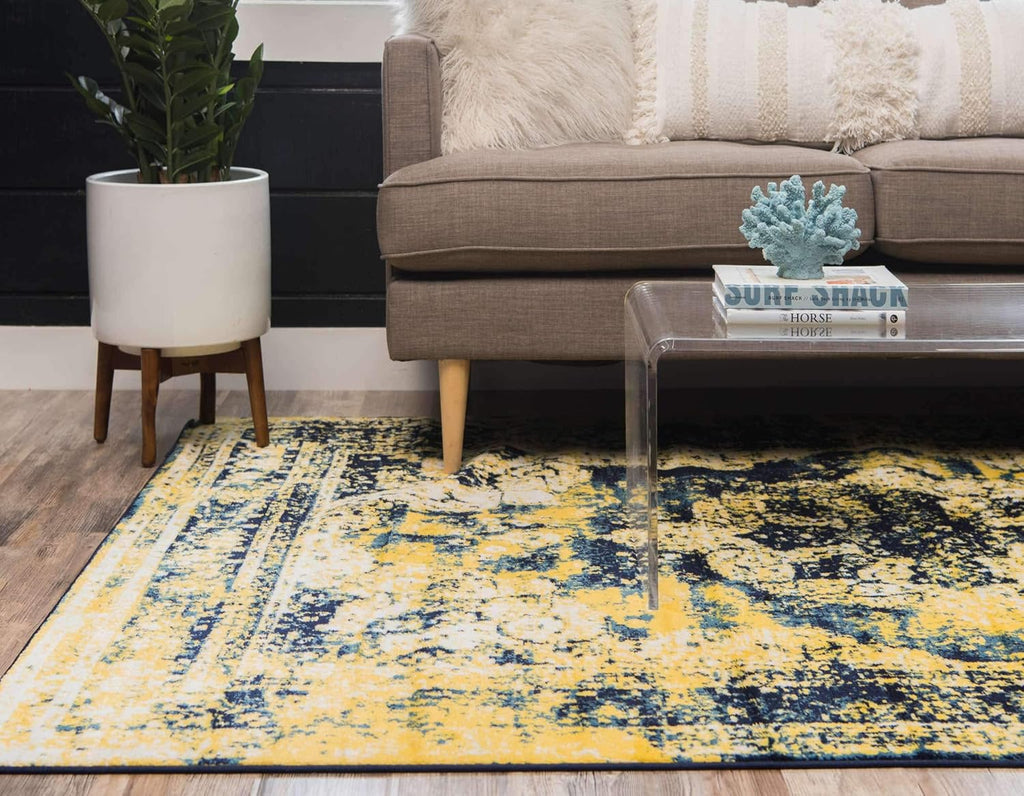 Sofia Collection Area Rug - Salle Garnier (5' 3" x 8' Rectangle, Navy Blue/ Yellow)