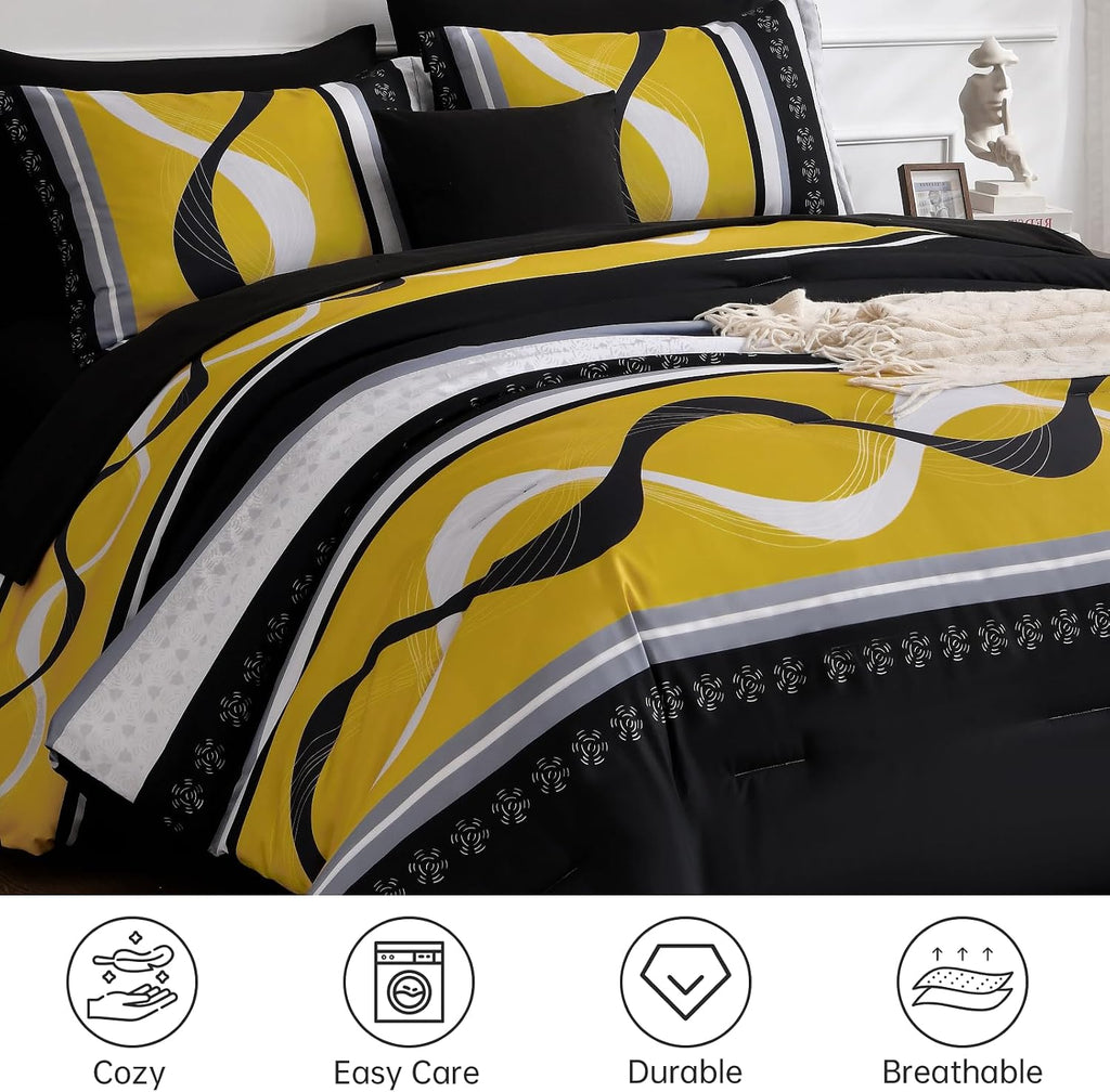 Black Yellow Comforter Set Queen Size,8 Pieces Bed in a Bag