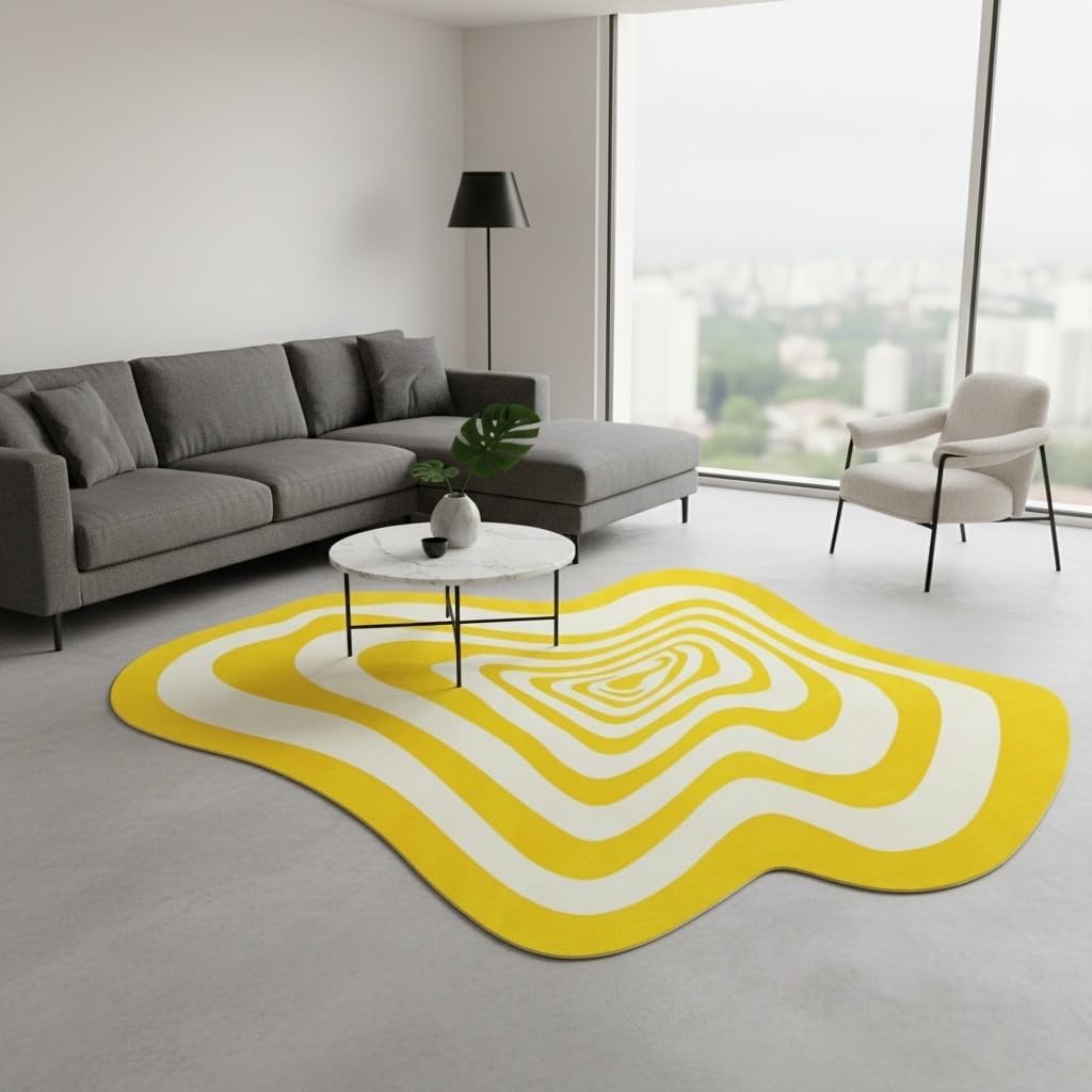 Modern Abstract Shaped Fluid Art Psychedelic Rug for Living Room Bedroom Playroom Nursery Aesthetic Room Deco Irregular Area Rug 2x3 Under Dining Coffee Table Anti Slip Floor Mat Bright Yellow White