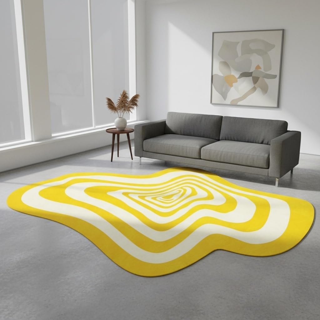 Modern Abstract Shaped Fluid Art Psychedelic Rug for Living Room Bedroom Playroom Nursery Aesthetic Room Deco Irregular Area Rug 2x3 Under Dining Coffee Table Anti Slip Floor Mat Bright Yellow White