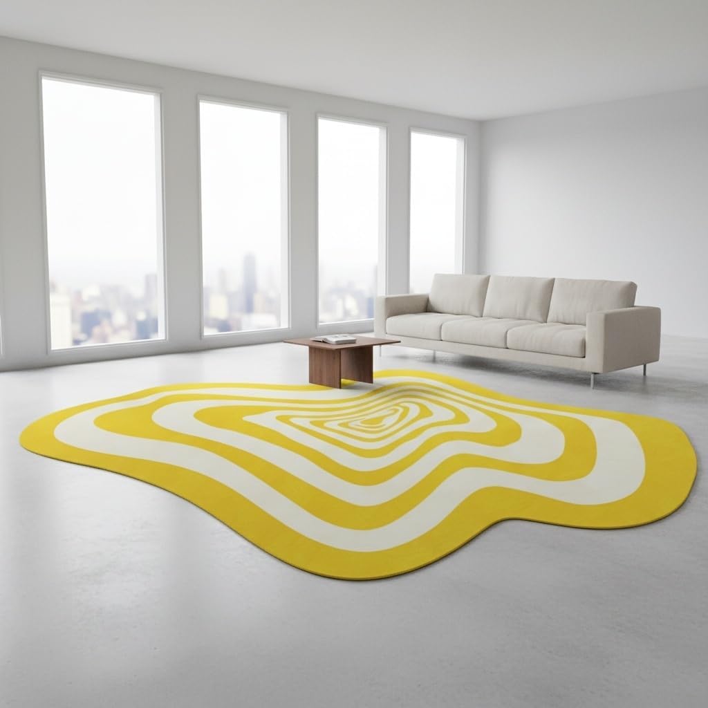 Modern Abstract Shaped Fluid Art Psychedelic Rug for Living Room Bedroom Playroom Nursery Aesthetic Room Deco Irregular Area Rug 2x3 Under Dining Coffee Table Anti Slip Floor Mat Bright Yellow White