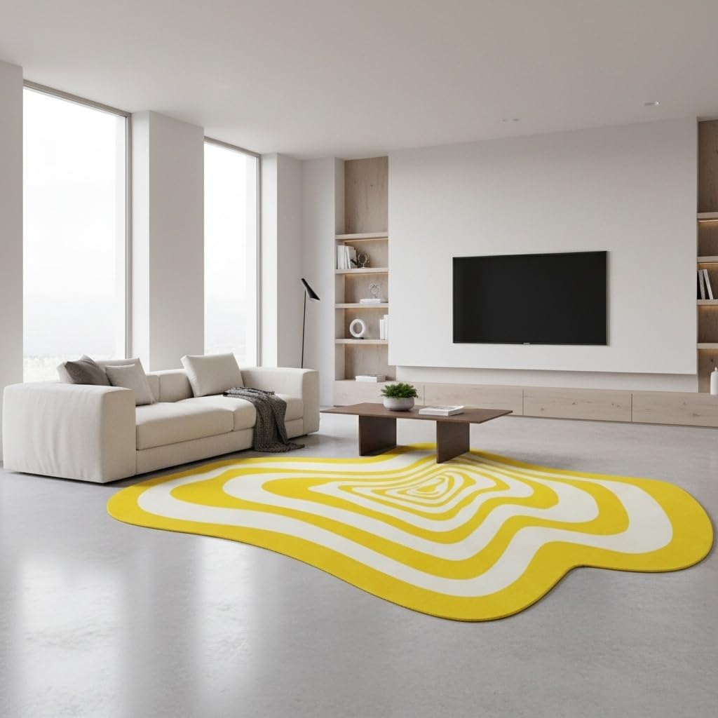 Modern Abstract Shaped Fluid Art Psychedelic Rug for Living Room Bedroom Playroom Nursery Aesthetic Room Deco Irregular Area Rug 2x3 Under Dining Coffee Table Anti Slip Floor Mat Bright Yellow White