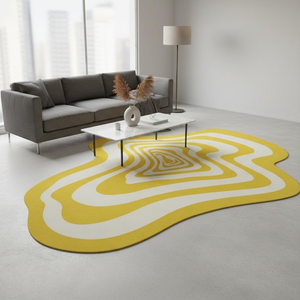 Modern Abstract Shaped Fluid Art Psychedelic Rug for Living Room Bedroom Playroom Nursery Aesthetic Room Deco Irregular Area Rug 2x3 Under Dining Coffee Table Anti Slip Floor Mat Bright Yellow White