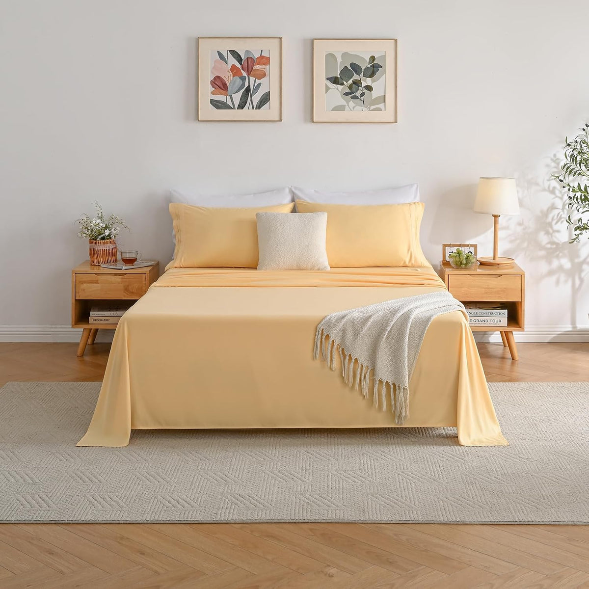 Full Size Bed Sheets Set, Yellow Cooling Hypoallergenic Microfiber Double Bed Sheets, Soft Oeko-Tex Extra Deep Pocket Sheets & Pillowcases Wrinkle Free Bedsheets