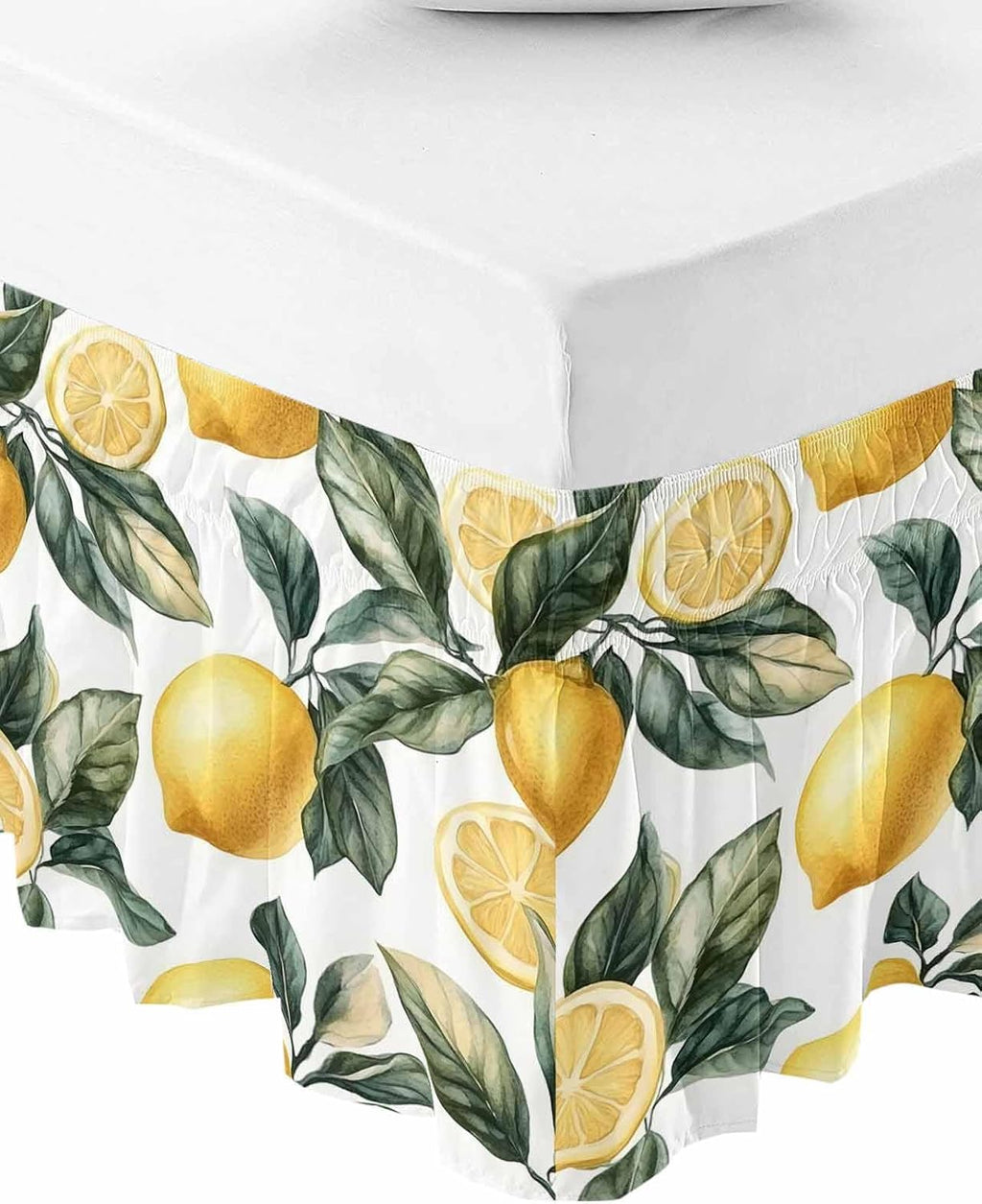 Lemon Bed Skirt Queen Size 16 Inch Drop, Adjustable Elastic Wrap Around Bed Skirts Easy Fitting Dust Ruffle Bedskirt Bed Frame Cover Summer Yellow Fruit Country Spring Leaf Plant