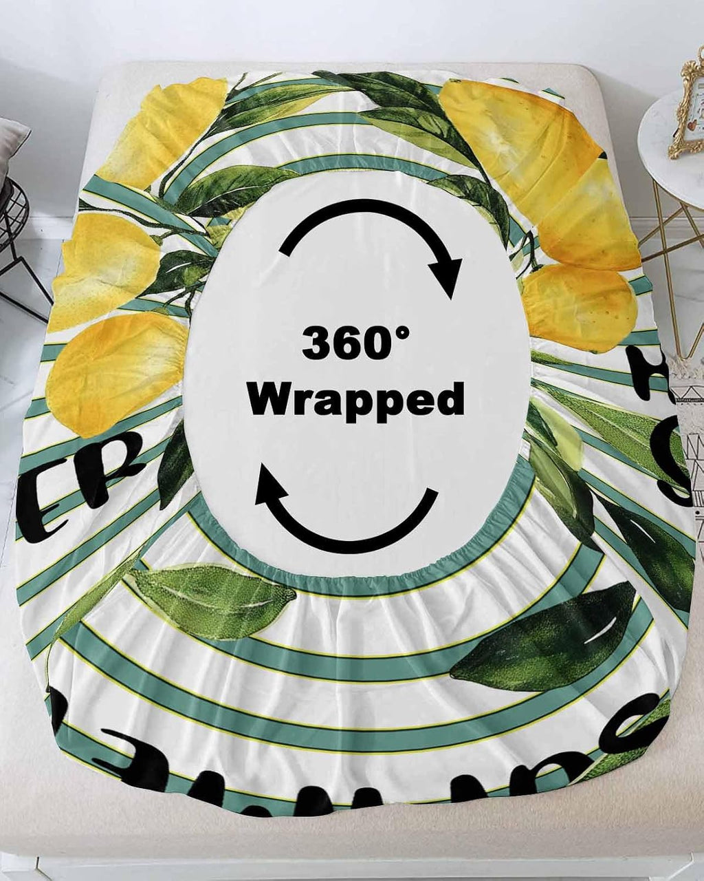 Summer Yellow Lemon Leaf on Striped Twin Bed Fitted Sheets Farmhouse Fruit Theme Bed Set with 16" Deep Pocket for Single Bed,Soft Microfiber Bottom Sheet with Decorative Pillowcases