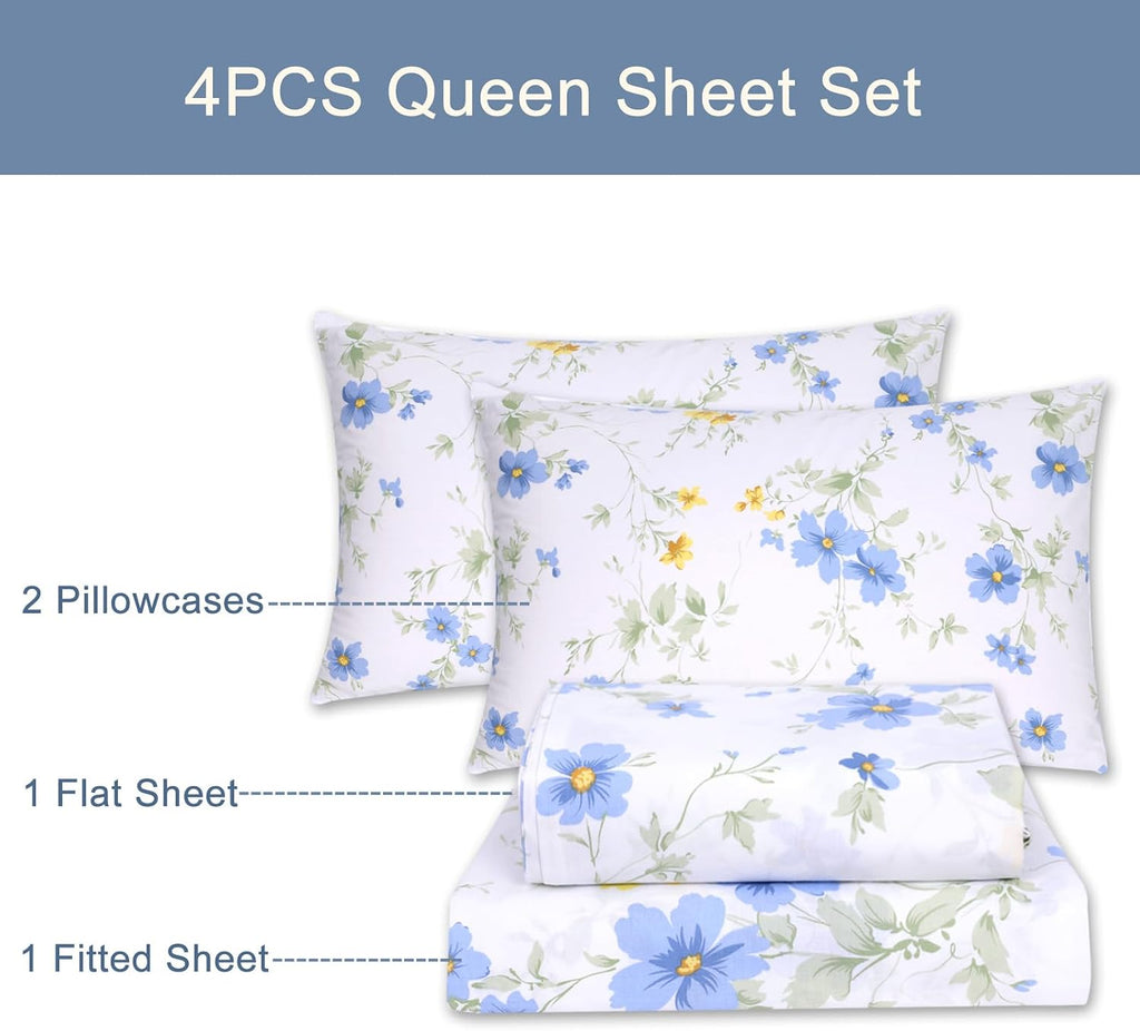 Cotton Sheet Set Floral Queen Blue Yellow Spring Flower Fitted Sheets