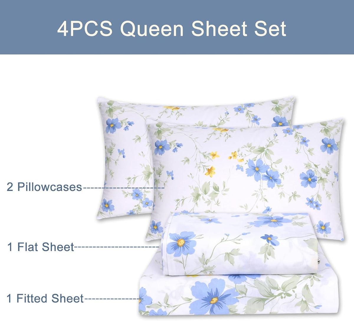 Cotton Sheet Set Floral Queen Blue Yellow Spring Flower Fitted Sheets