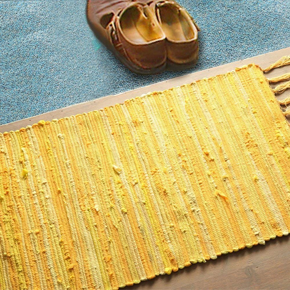 Chindi Rag Rug, Machine Washable Cotton Reversible Rag Rug Hand Woven Multi Color Striped Area Rug Floor Rugs for Bedroom, Living Room, Kitchen and Laundry Room (20'' x 31", Yellow)