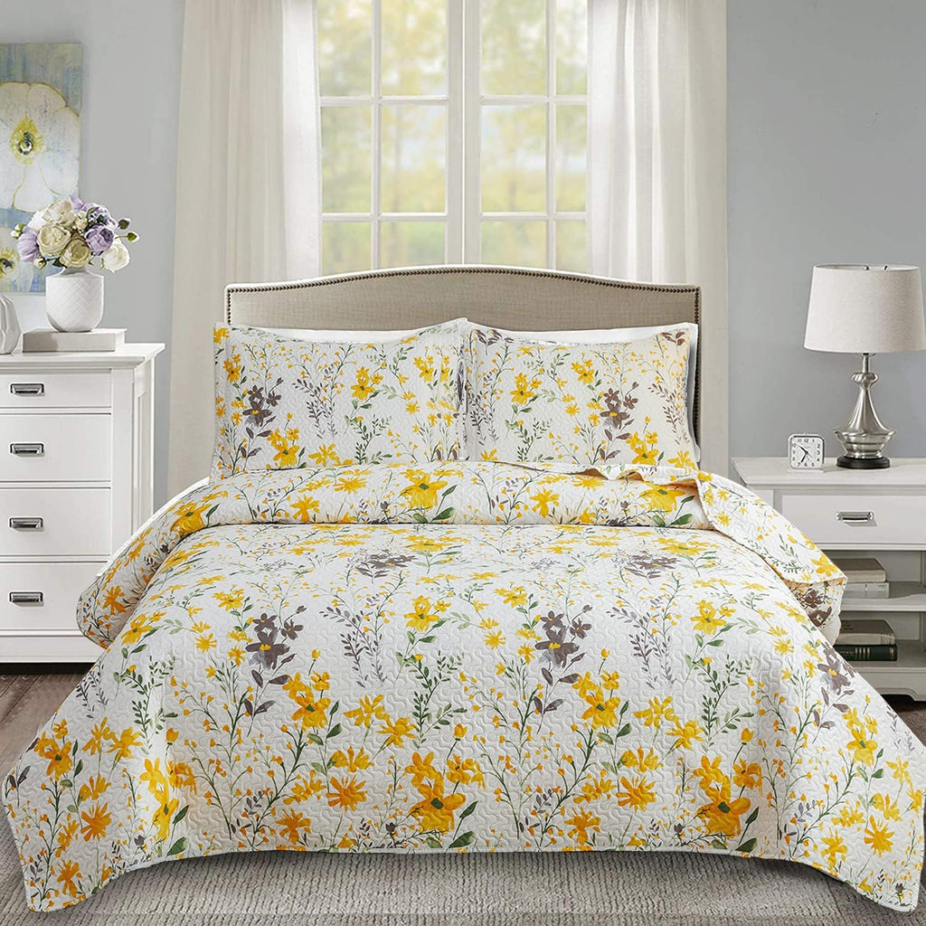 Floral Quilt Sets Full/Queen Size Reversible Countryside Bedspread Coverlets Lightweight Yellow Flower Quilt Green Leaves Bed Covers for All Season,1 Quilt +2 Pillow Shams
