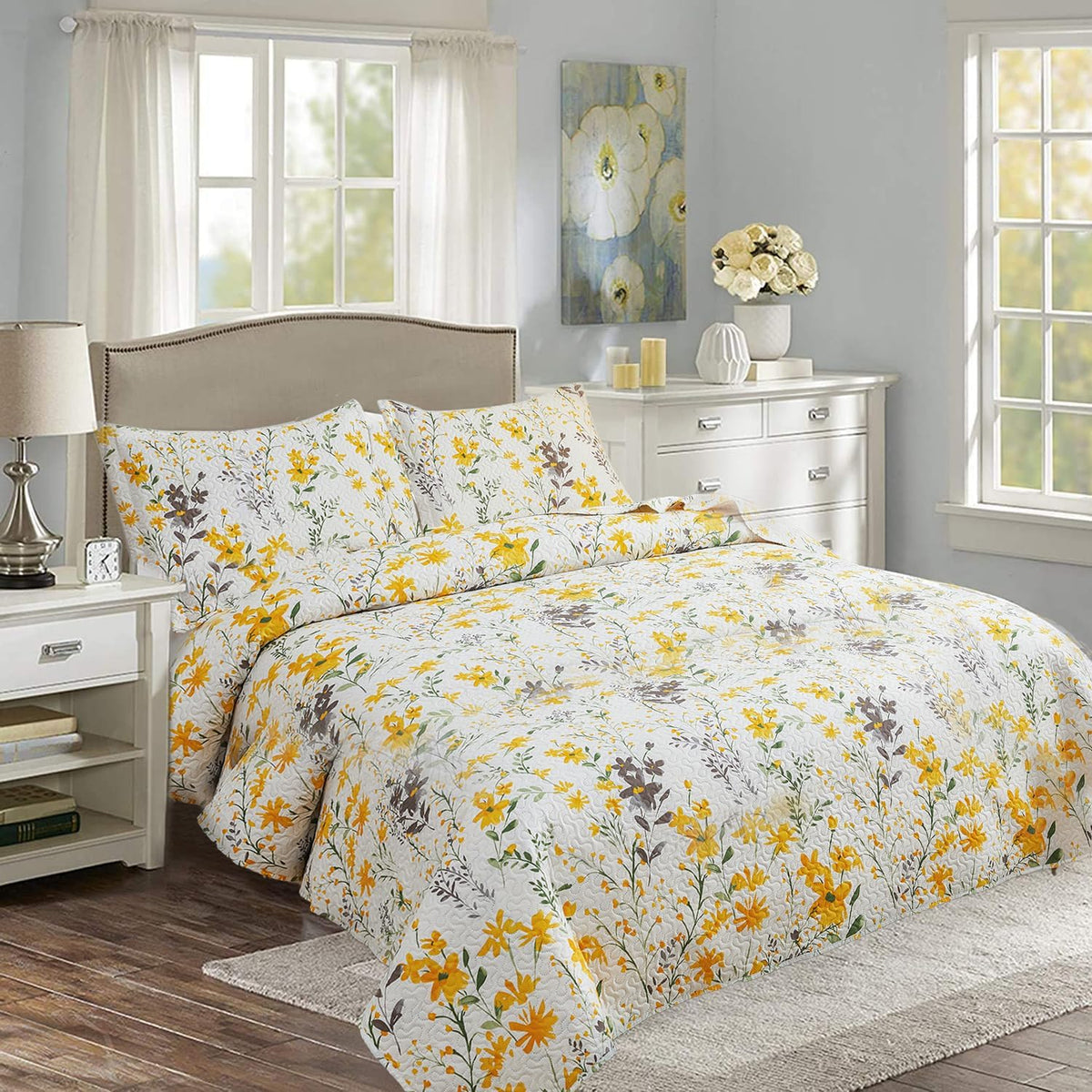 Floral Quilt Sets Full/Queen Size Reversible Countryside Bedspread Coverlets Lightweight Yellow Flower Quilt Green Leaves Bed Covers for All Season,1 Quilt +2 Pillow Shams