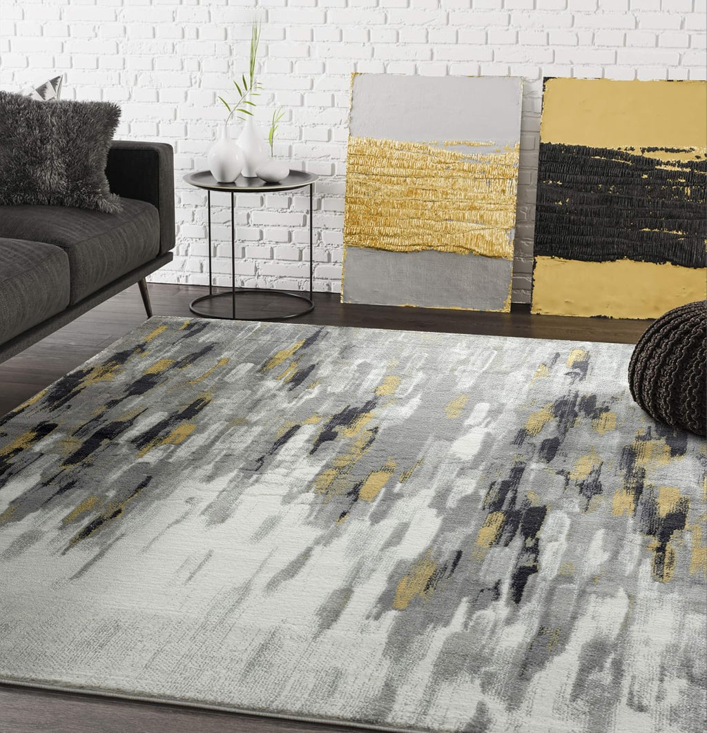 Porto PRT140C Contemporary Grey and Yellow Abstract Area Rug 4' x 6'