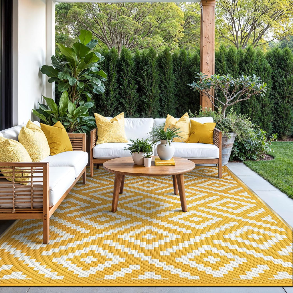 Outdoor Rug, Waterproof Plastic Rugs for Patio, 6'x9' Yellow White