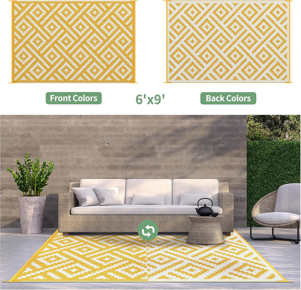 Outdoor Rug, Waterproof Plastic Rugs for Patio, 6'x9' Yellow White