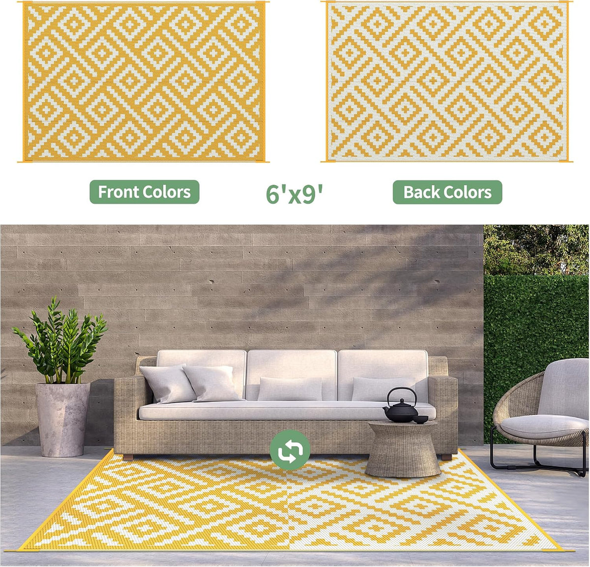 Outdoor Rug, Waterproof Plastic Rugs for Patio, 6'x9' Yellow White