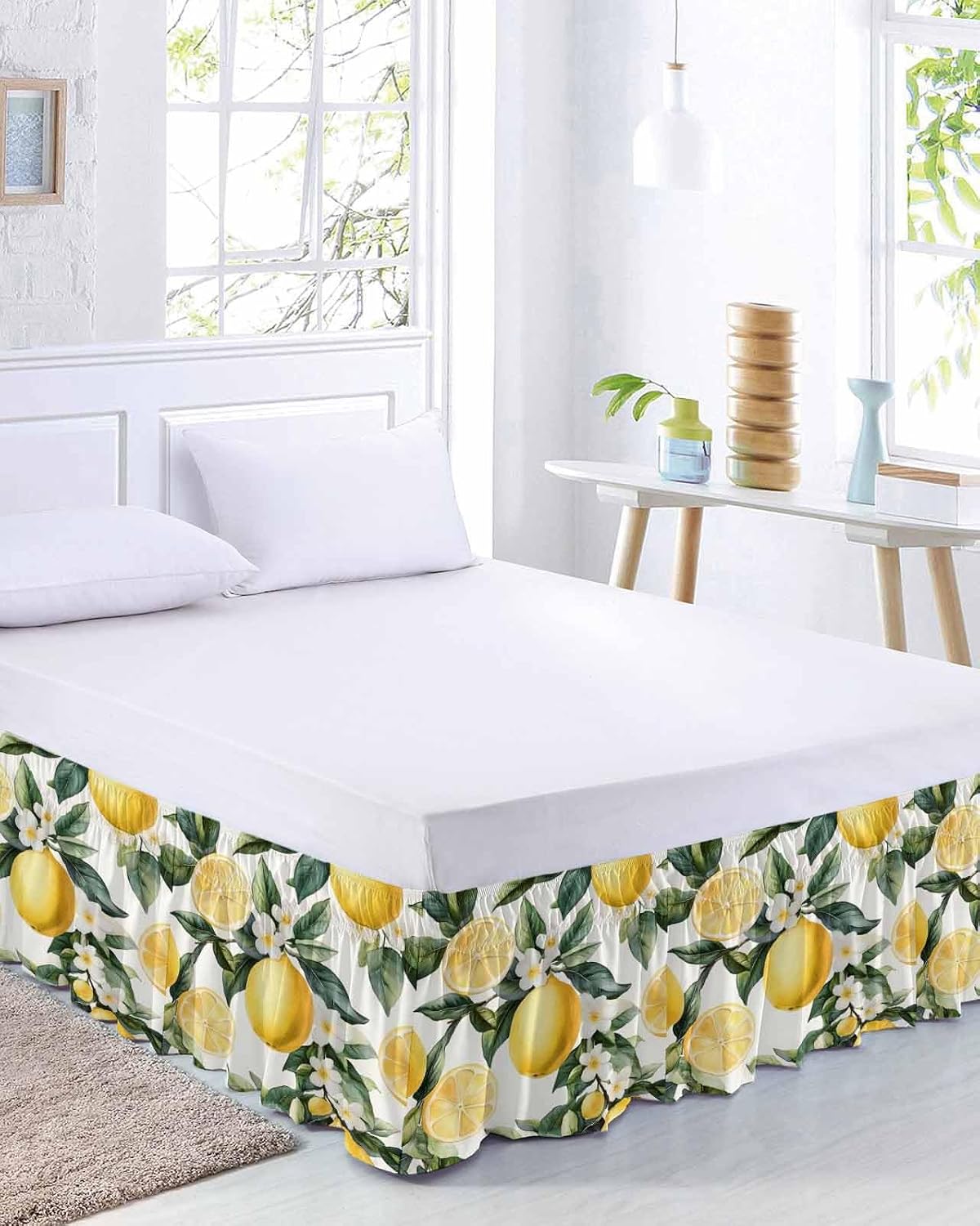 Yellow Lemon Bed Skirt Queen Size 16 Inch Drop, Adjustable Elastic Wrap Around Bed Skirts Easy Fitting Dust Ruffle Bedskirt Bed Frame Cover Country Fruit Floral Watercolor Green White