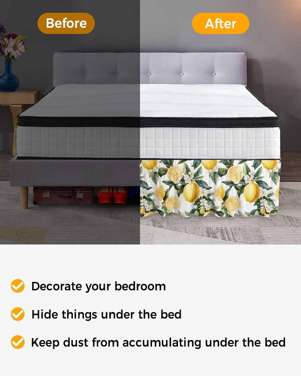 Yellow Lemon Bed Skirt Queen Size 16 Inch Drop, Adjustable Elastic Wrap Around Bed Skirts Easy Fitting Dust Ruffle Bedskirt Bed Frame Cover Country Fruit Floral Watercolor Green White