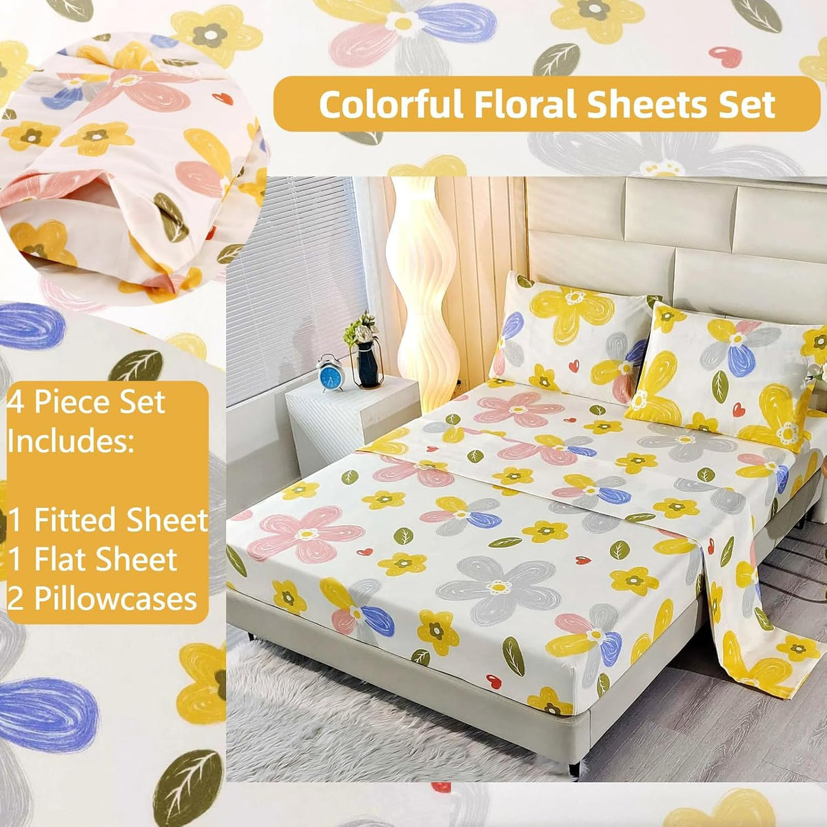 4 Pieces Yellow Floral Sheets Set Queen, Soft Microfiber Floral Sheets Queen Size, Fade Resistant, Flower Sheet Bed Set Deep Pocket All Season
