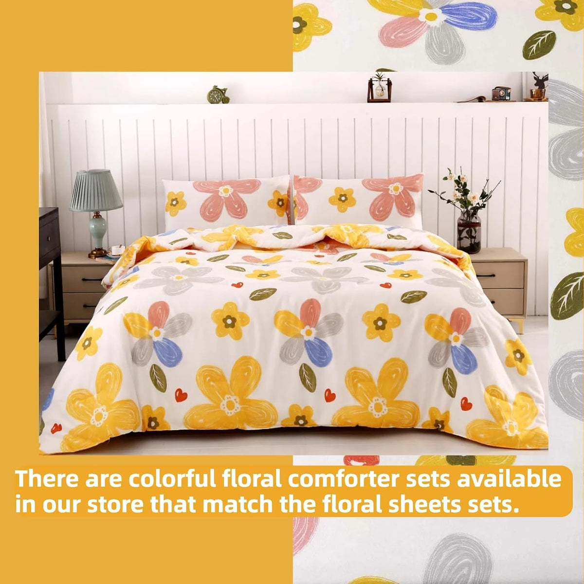 4 Pieces Yellow Floral Sheets Set Queen, Soft Microfiber Floral Sheets Queen Size, Fade Resistant, Flower Sheet Bed Set Deep Pocket All Season