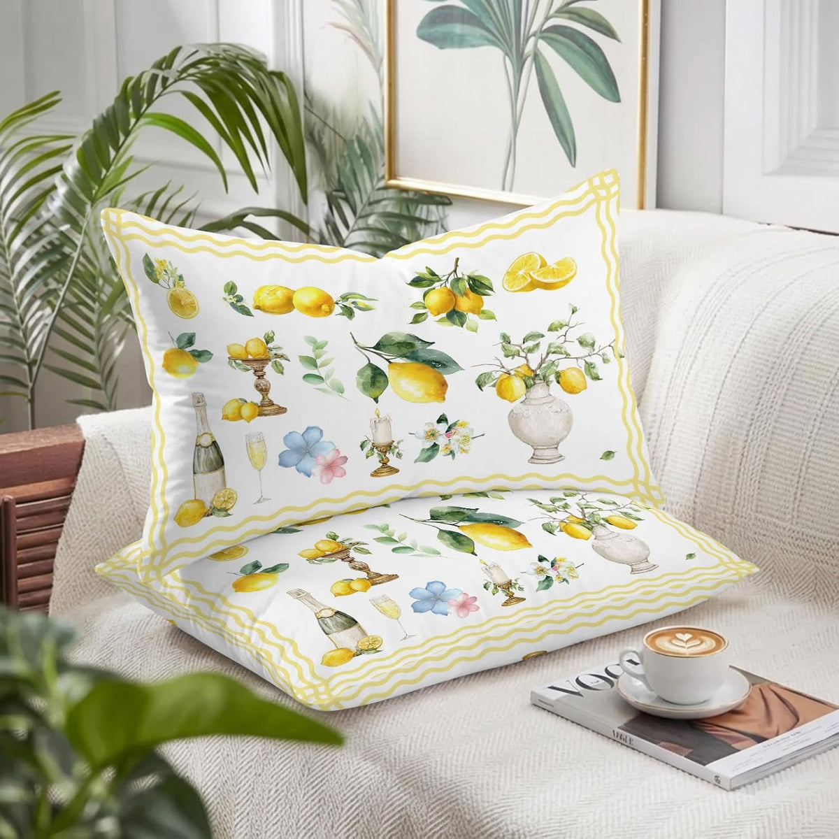 Pillow Cases Standard Size Set of 2, Boho Lemons Breathable Microfiber Pillow Covers with Envelope Closure, Summer Yellow Fruits Flowers Leaf Stripe Luxurious Bed Pillowcases, 20x26 Inch