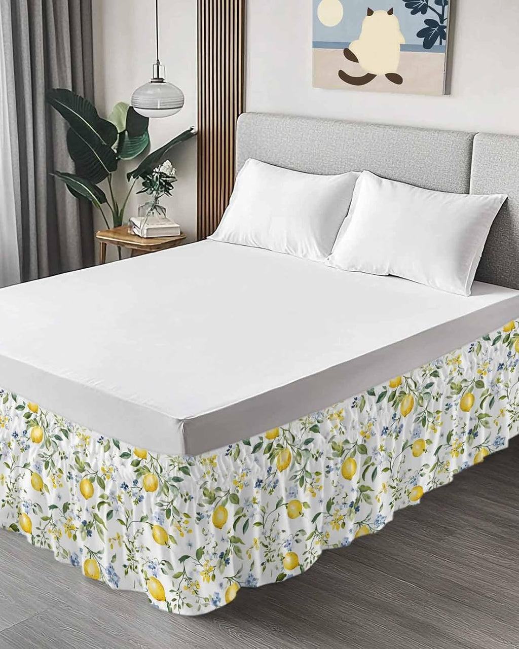 Bed Skirt Yellow Flowers Lemon Summer Ruffle Bed Skirt Wrap Around Bed Skirts for Queen Beds 16" Drop,Adjustable Elastic Dust Ruffles Easy Fit and Wrinkle-Free