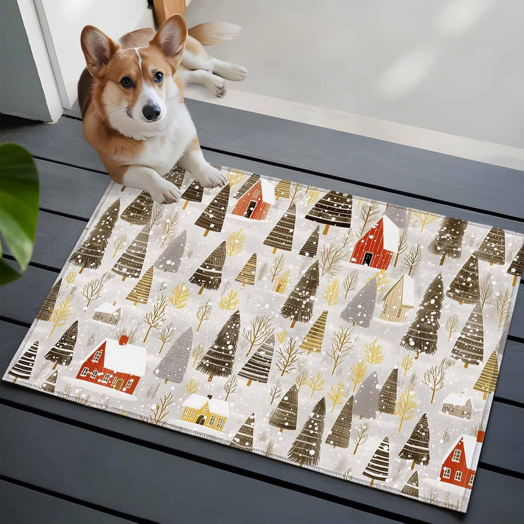 Christmas 2x3 Area Rugs for Living Room, Winter Abstract Christmas Tree House Snow Yellow Non Slip Floor Mat Washable Low-Profile Indoor Carpet for Bedroom, Dining Room, Bathroom