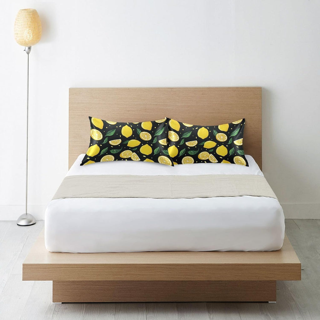 Lemons Yellow Satin Pillowcase with Envelope Closure Green Black Standard Size Pillow Case, Silky Pillow Cover for Home Bedroom Sofa 20x26 in