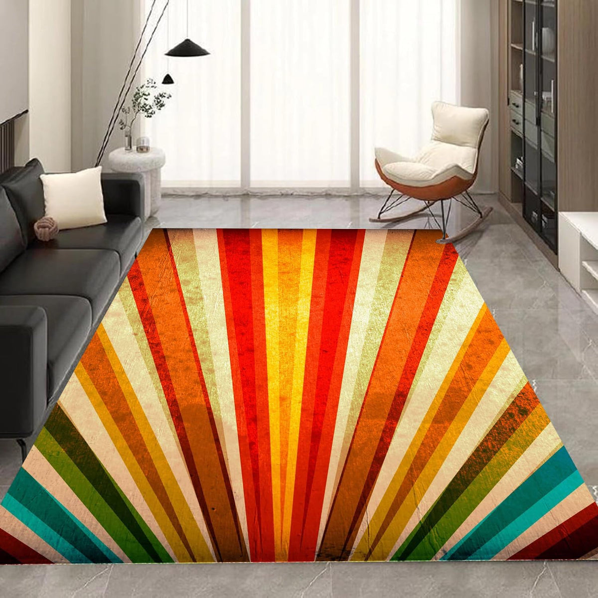 Vintage Rainbow Area Rug, 5x6ft, Bohemian Fashion Aesthetic Colorful Stripes Non-Slip Washable Rug for Living Room, Yellow Orange Red Cyan Indoor Soft Carpet for Bedroom Dining Room