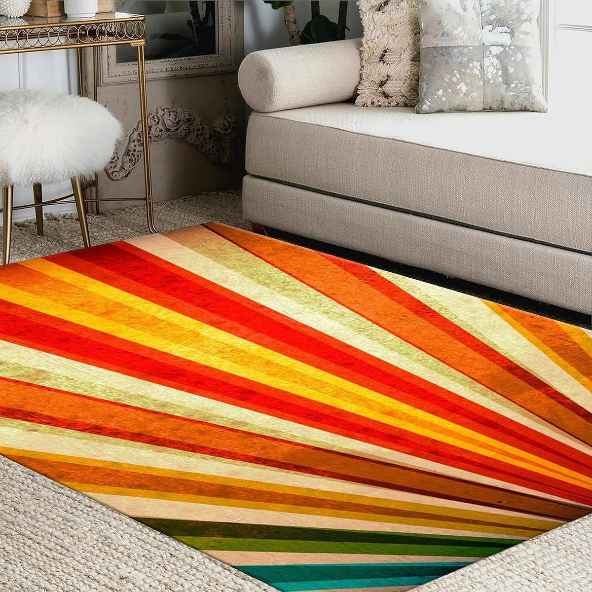 Vintage Rainbow Area Rug, 5x6ft, Bohemian Fashion Aesthetic Colorful Stripes Non-Slip Washable Rug for Living Room, Yellow Orange Red Cyan Indoor Soft Carpet for Bedroom Dining Room