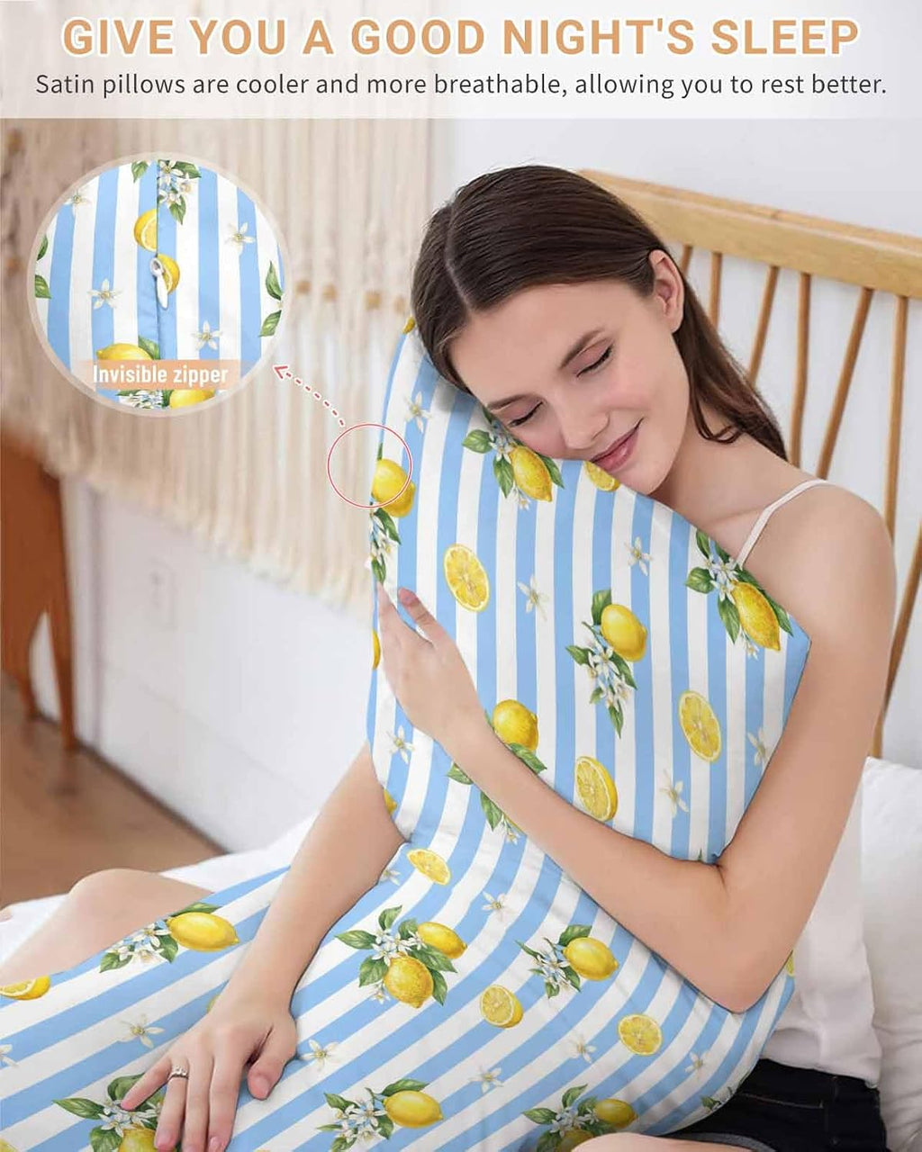 Summer Fruit Satin Pillowcase for Hair and Skin, Yellow Lemon Rustic Flower Blue Stripes Silky Pillow Cases Standard Size with Zipper 1 Pack Soft Cooling Pillow Cover for Women Men, 20''x40''