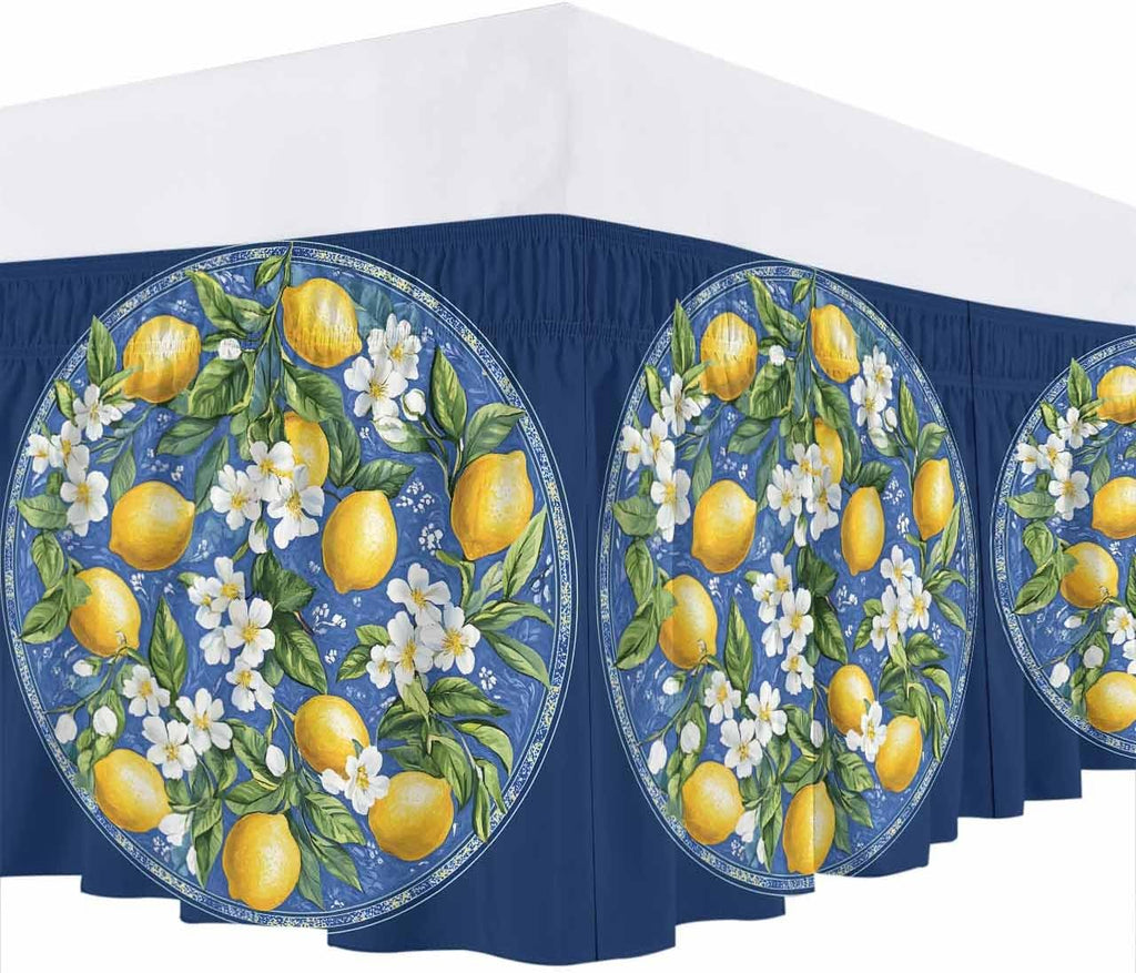 Bed Skirt Boho Summer Yellow Lemons Navy Blue Ruffle Bed Skirt Wrap Around Bed Skirts for Queen Beds 16" Drop,Adjustable Elastic Dust Ruffles Easy Fit and Wrinkle-Free