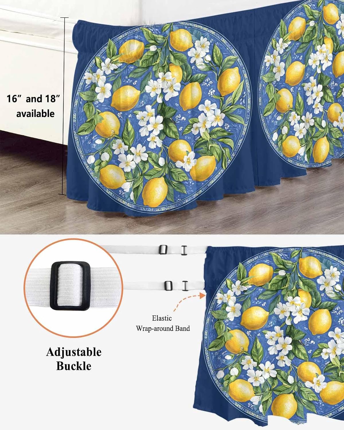 Bed Skirt Boho Summer Yellow Lemons Navy Blue Ruffle Bed Skirt Wrap Around Bed Skirts for Queen Beds 16" Drop,Adjustable Elastic Dust Ruffles Easy Fit and Wrinkle-Free