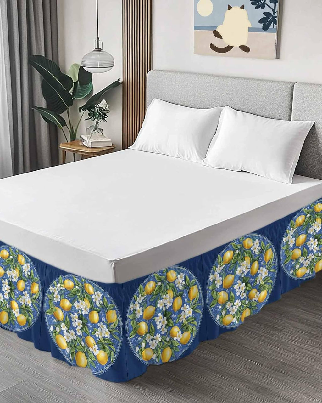 Bed Skirt Boho Summer Yellow Lemons Navy Blue Ruffle Bed Skirt Wrap Around Bed Skirts for Queen Beds 16" Drop,Adjustable Elastic Dust Ruffles Easy Fit and Wrinkle-Free