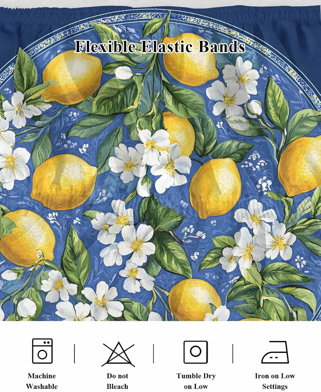 Bed Skirt Boho Summer Yellow Lemons Navy Blue Ruffle Bed Skirt Wrap Around Bed Skirts for Queen Beds 16" Drop,Adjustable Elastic Dust Ruffles Easy Fit and Wrinkle-Free
